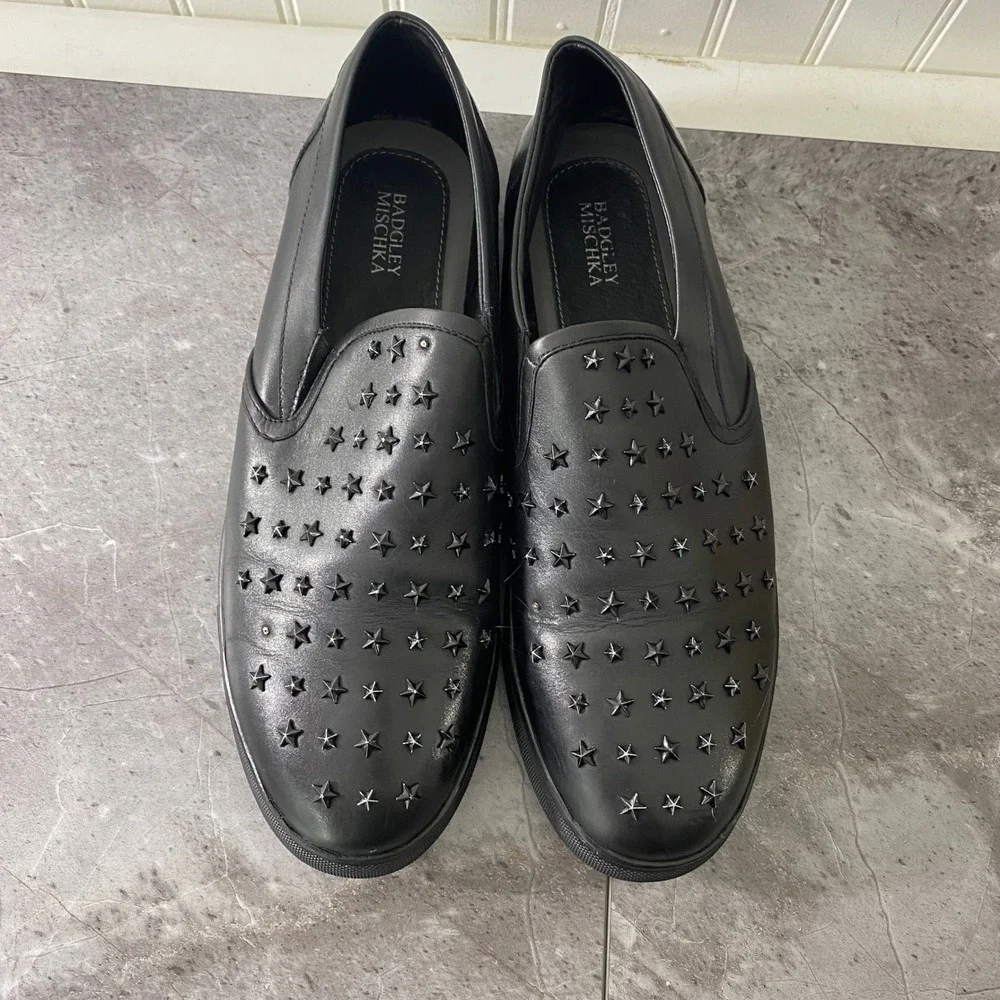 Badgley Mischka Mens Black Leather Star Studded Slip On Sneakers Size 12 Loafers